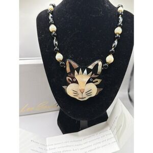 NIB VTG Lee Sands Necklace Black Mother of Pearl Abalone Inlay Cat Face 20"